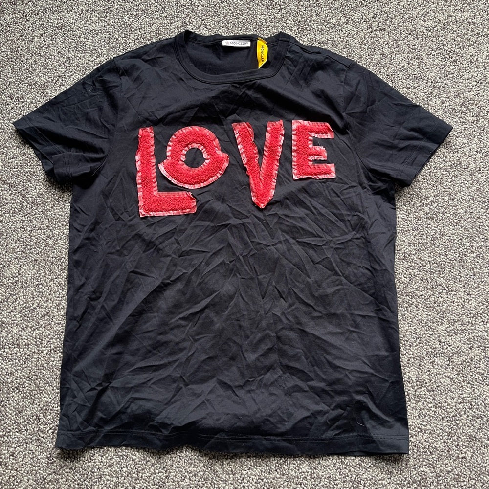 Moncler Black Tee with Red "LOVE" Patch